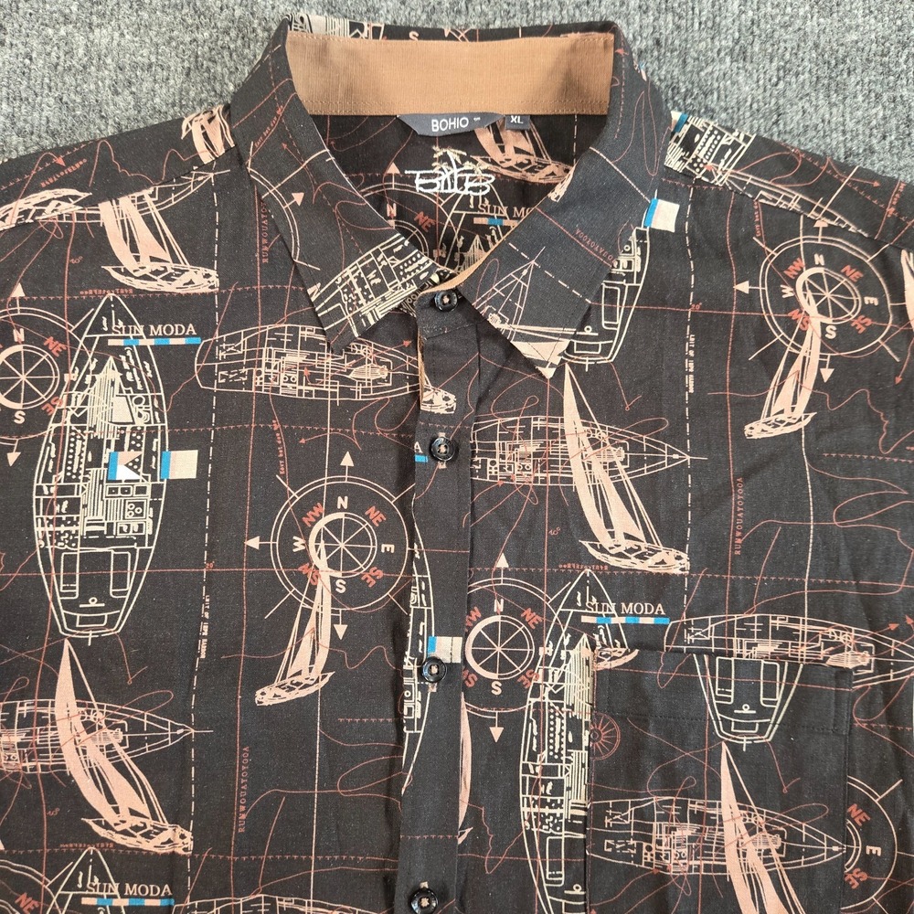 Bohio Men's Linen Black Nautical Short Sleeve Button-Up Shirt XL Beach Travel